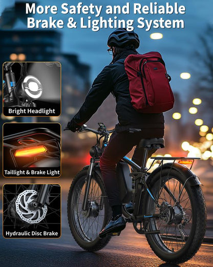 Ebycco 5000W Dual Motor Ebike for Adults Electric Bike 52V 32AH, Max 40-45 MPH, 100 Miles Long Range, Hydraulic Disc Brake, 24"/26" Fat Tire Offroad Hunting E-Bike, Full Suspension Electric Bicycle