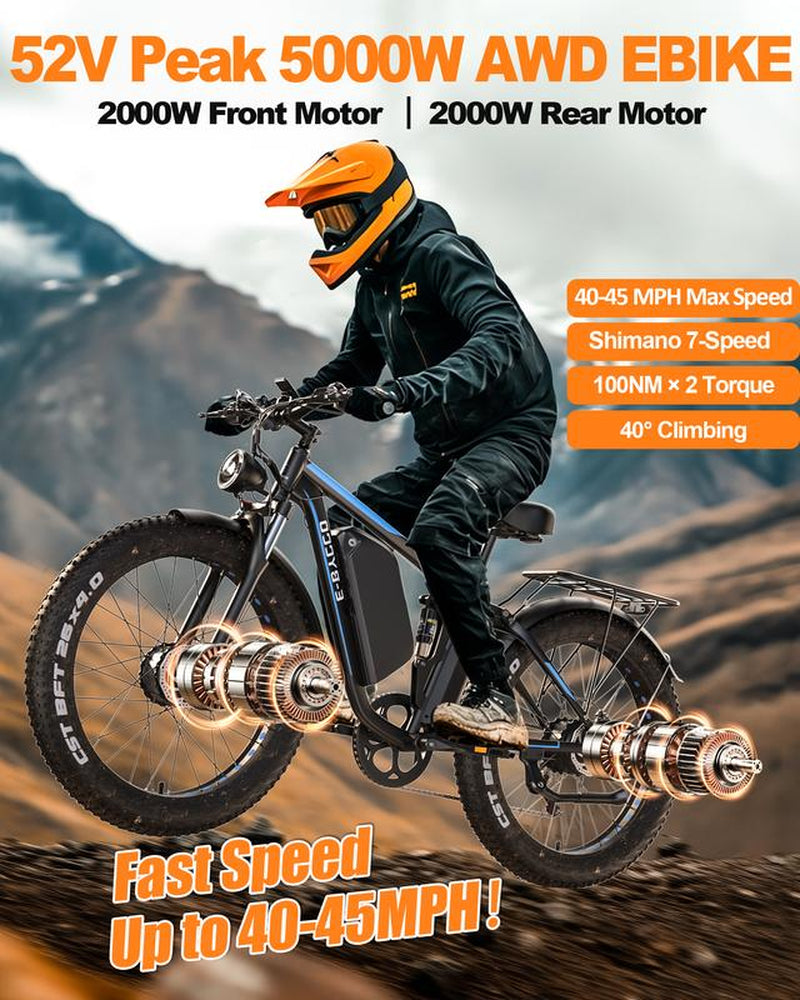Ebycco 5000W Dual Motor Ebike for Adults Electric Bike 52V 32AH, Max 40-45 MPH, 100 Miles Long Range, Hydraulic Disc Brake, 24"/26" Fat Tire Offroad Hunting E-Bike, Full Suspension Electric Bicycle
