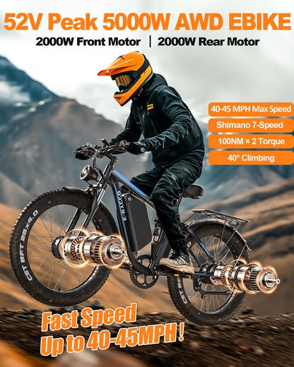 Ebycco 5000W Dual Motor Ebike for Adults Electric Bike 52V 32AH, Max 40-45 MPH, 100 Miles Long Range, Hydraulic Disc Brake, 24"/26" Fat Tire Offroad Hunting E-Bike, Full Suspension Electric Bicycle