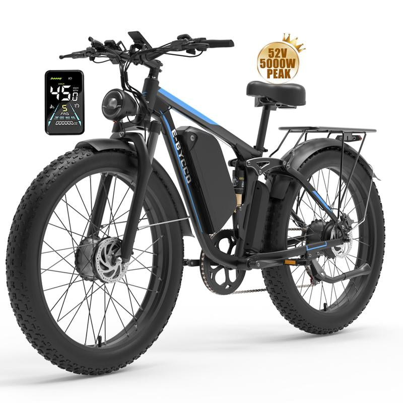 Ebycco 5000W Dual Motor Ebike for Adults Electric Bike 52V 32AH, Max 40-45 MPH, 100 Miles Long Range, Hydraulic Disc Brake, 24"/26" Fat Tire Offroad Hunting E-Bike, Full Suspension Electric Bicycle