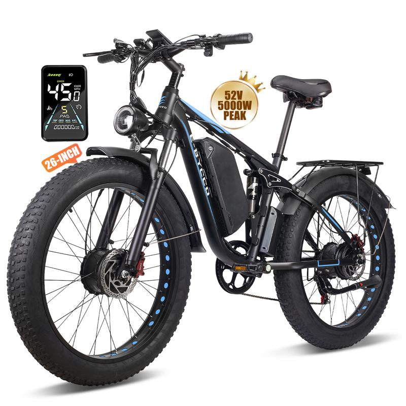 Ebycco 5000W Dual Motor Ebike for Adults Electric Bike 52V 32AH, Max 40-45 MPH, 100 Miles Long Range, Hydraulic Disc Brake, 24"/26" Fat Tire Offroad Hunting E-Bike, Full Suspension Electric Bicycle