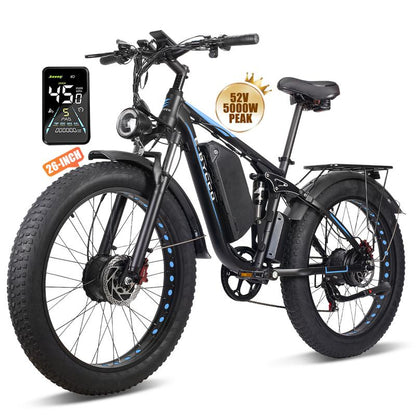 Ebycco 5000W Dual Motor Ebike for Adults Electric Bike 52V 32AH, Max 40-45 MPH, 100 Miles Long Range, Hydraulic Disc Brake, 24"/26" Fat Tire Offroad Hunting E-Bike, Full Suspension Electric Bicycle