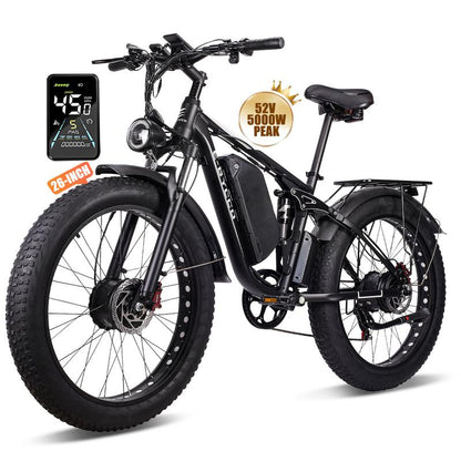 Ebycco 5000W Dual Motor Ebike for Adults Electric Bike 52V 32AH, Max 40-45 MPH, 100 Miles Long Range, Hydraulic Disc Brake, 24"/26" Fat Tire Offroad Hunting E-Bike, Full Suspension Electric Bicycle