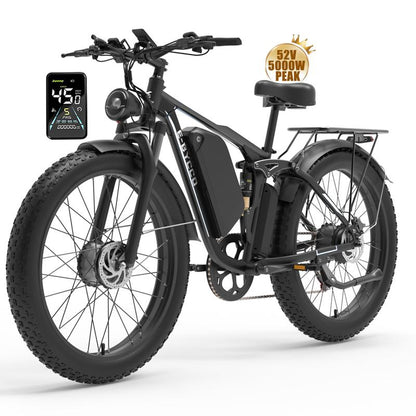 Ebycco 5000W Dual Motor Ebike for Adults Electric Bike 52V 32AH, Max 40-45 MPH, 100 Miles Long Range, Hydraulic Disc Brake, 24"/26" Fat Tire Offroad Hunting E-Bike, Full Suspension Electric Bicycle